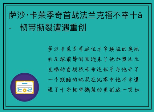 萨沙·卡莱季奇首战法兰克福不幸十字韧带撕裂遭遇重创